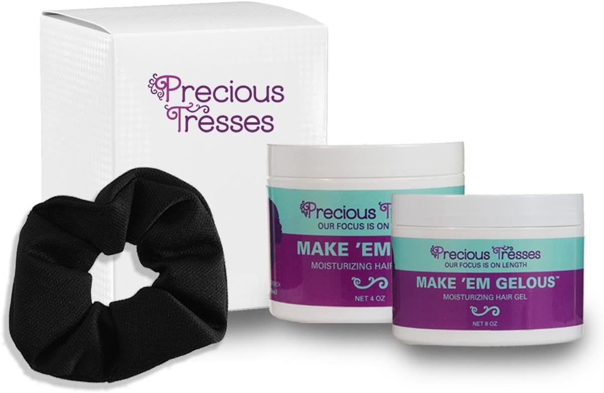 Precious Tresses Growth Starter Kit with Moisturizing Gel and Butter for African American Hair Growth - Perfect For Relaxed and Natural Hair, Includes Black Elastic Scrunchie Hair Tie