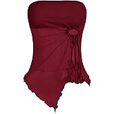 SOLY HUX Women's Mesh Drawstring Split Tube Top Strapless Sleeveless Asymmetrical Hem Summer Tops