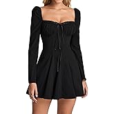EYNMIN Long Sleeve Mini Dress Lace Sweetheart Neckline Flowy A Line 2025 Fall Short Going Out Dresses for Women