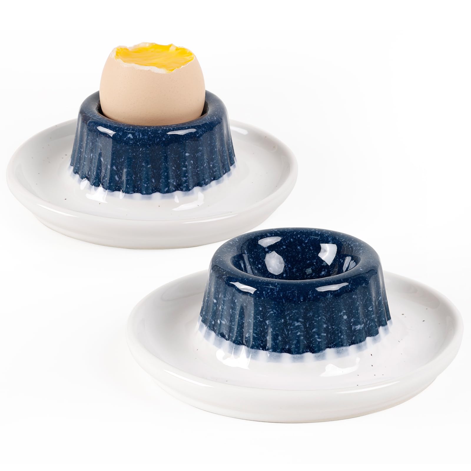 Photo 1 of INGOFIN 2 Pcs Ceramic Egg Cups, Soft Boiled Egg Holders Set, Classic Porcelain Stackable, Easy to Clean Tray, Decorative Serving Dish for Breakfast, Easter or Kitchen, Starry Blue&Beige