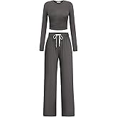 PINSPARK Women 2 Piece Lounge Set Long Sleeve Cropped Top Wide Leg Pants with Pockets 2024 Fall Outfits Matching Tracksuit