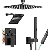 Baetuy Shower Faucet Set Black Shower System, Ceiling Mount 10 Inch Shower Head With Wall Mount 6 Inch Shower Head and 2 in 1 Handheld Spray, Push Button Diverter Shower Valve Trim Kit Complete