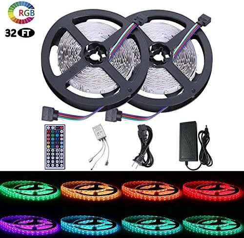Attuosun LED Strip Lights Kit, 32.8ft/10M 300Leds SMD5050 RGB LED Light Strip with Sponge Adhesive, 44Key Dual Head Dual Panel IR Remote Controller, DC12V 5A Power Supply for Indoor