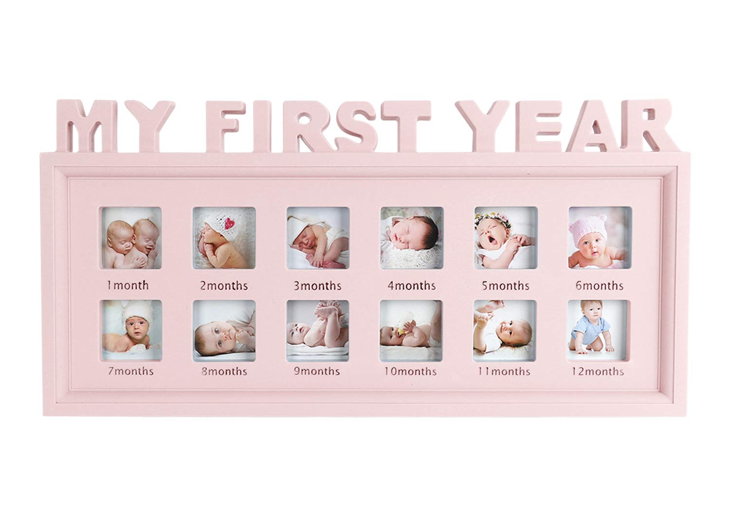 Baby Photo Frame, MY FIRST YEAR Birthday Resin Infant Baby Picture Frame New Born Shower Multi Aperture Collage Photo Picture Frame with 12 Opening Standing Hanging Photograph Frame Baby Keepsake