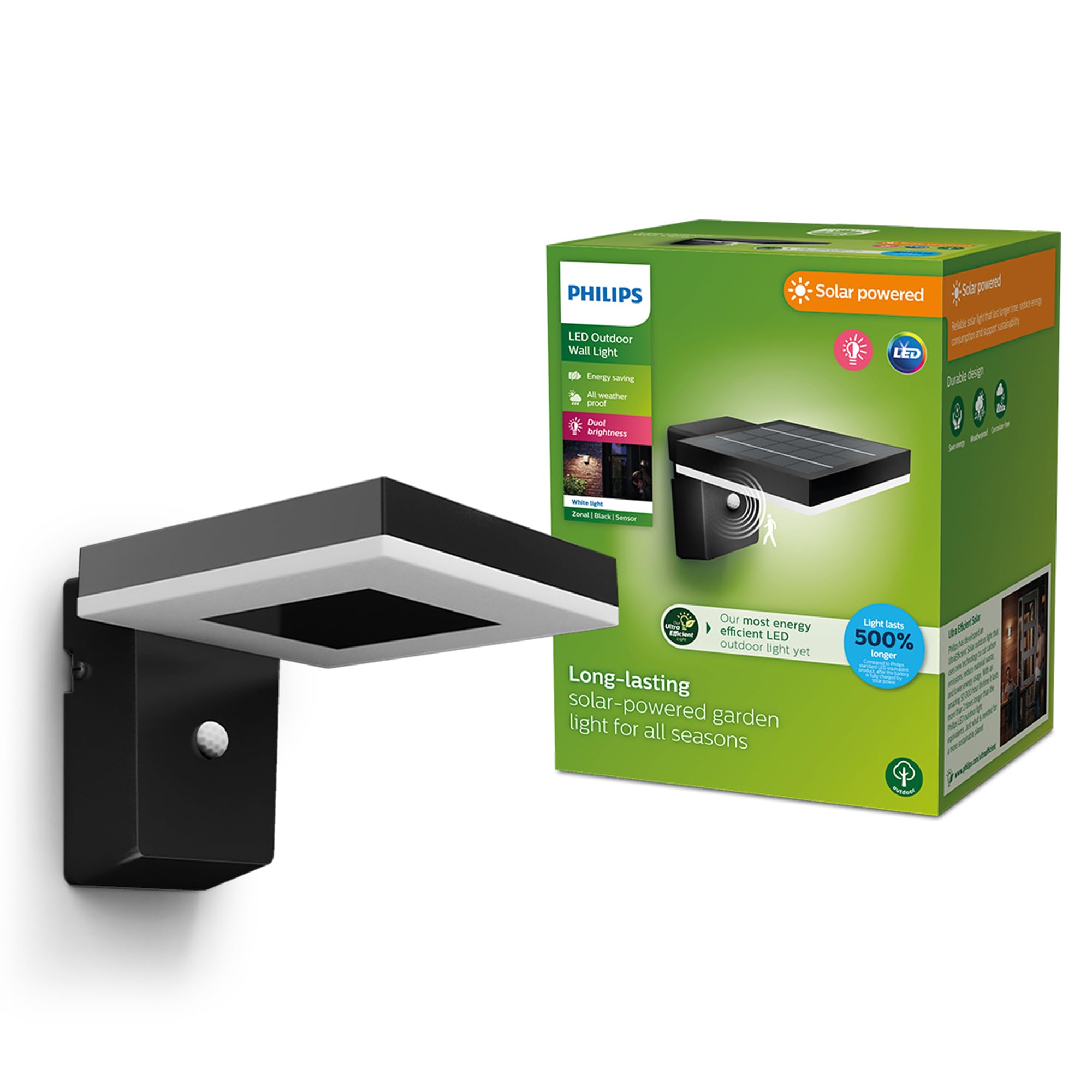 Philips Lighting Zonal UltraEfficient Outdoor Solar wall Light, Square, 1.3W, 3000K, Black, Motion Sensor, IP44 Weatherproof