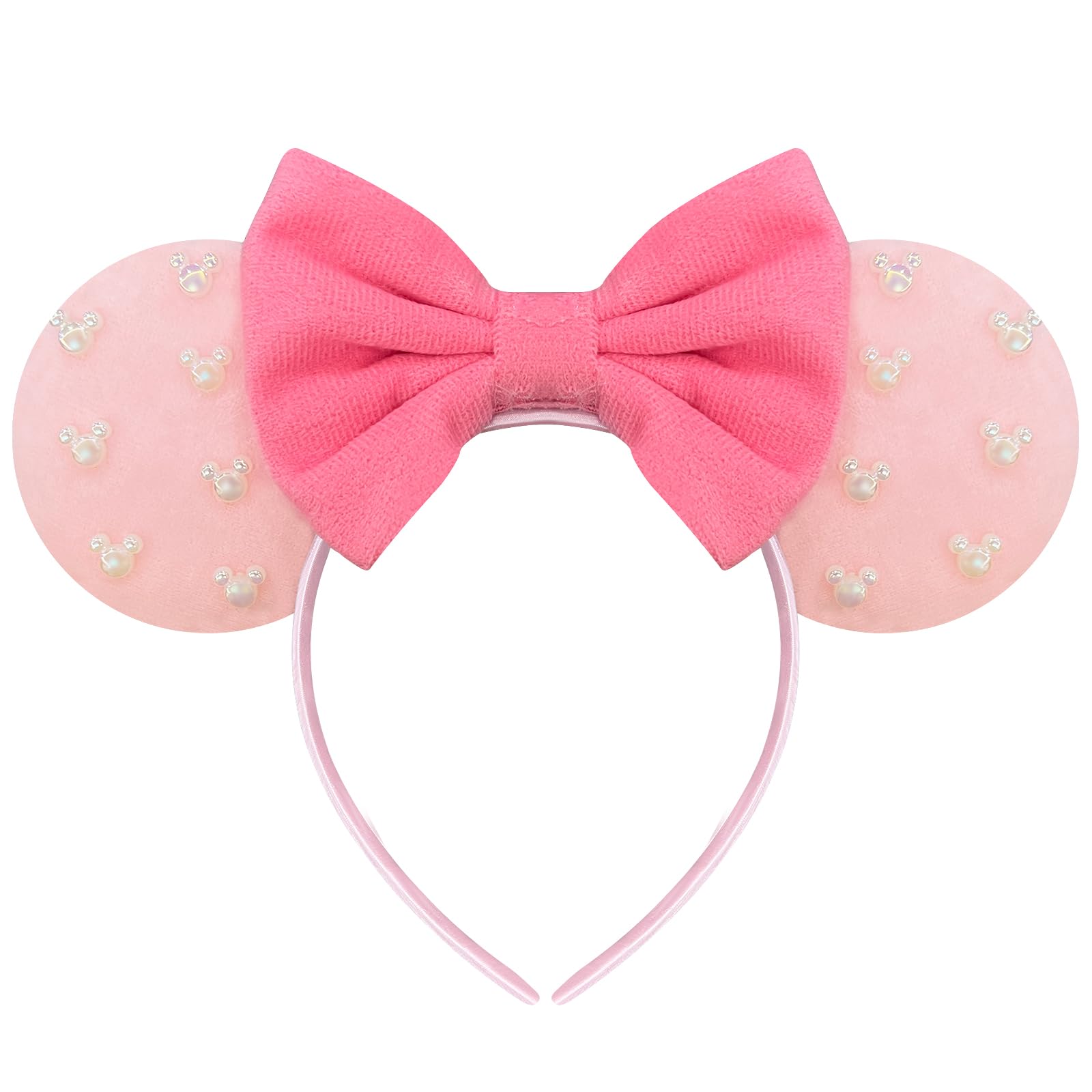 Photo 1 of Trnerm Pink Fuzzy Mouse Ears Headband for Women, Cute Beads Headband with Bows?Halloween Costume Accessory