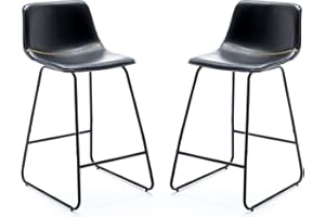 DURFII Industrial Faux Leather Bar Stools Set of 2,Urban Armless Dining Chairs with Metal Legs Modern Quilting Counter Height Barstools for High Desk Home Office Restaurants,24",Black