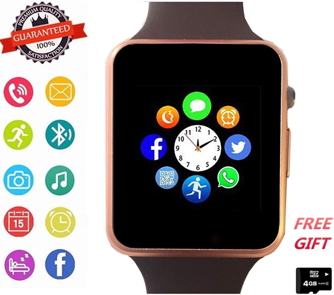 Smart Watch Phone Smartwatch with Camera Pedometer Call Text SNS Sync SIM Card Slot TF Card Music Player Alarm Compatible with Android and IPhone (Partial Functions) for Men Women Kids Teens (Gold)