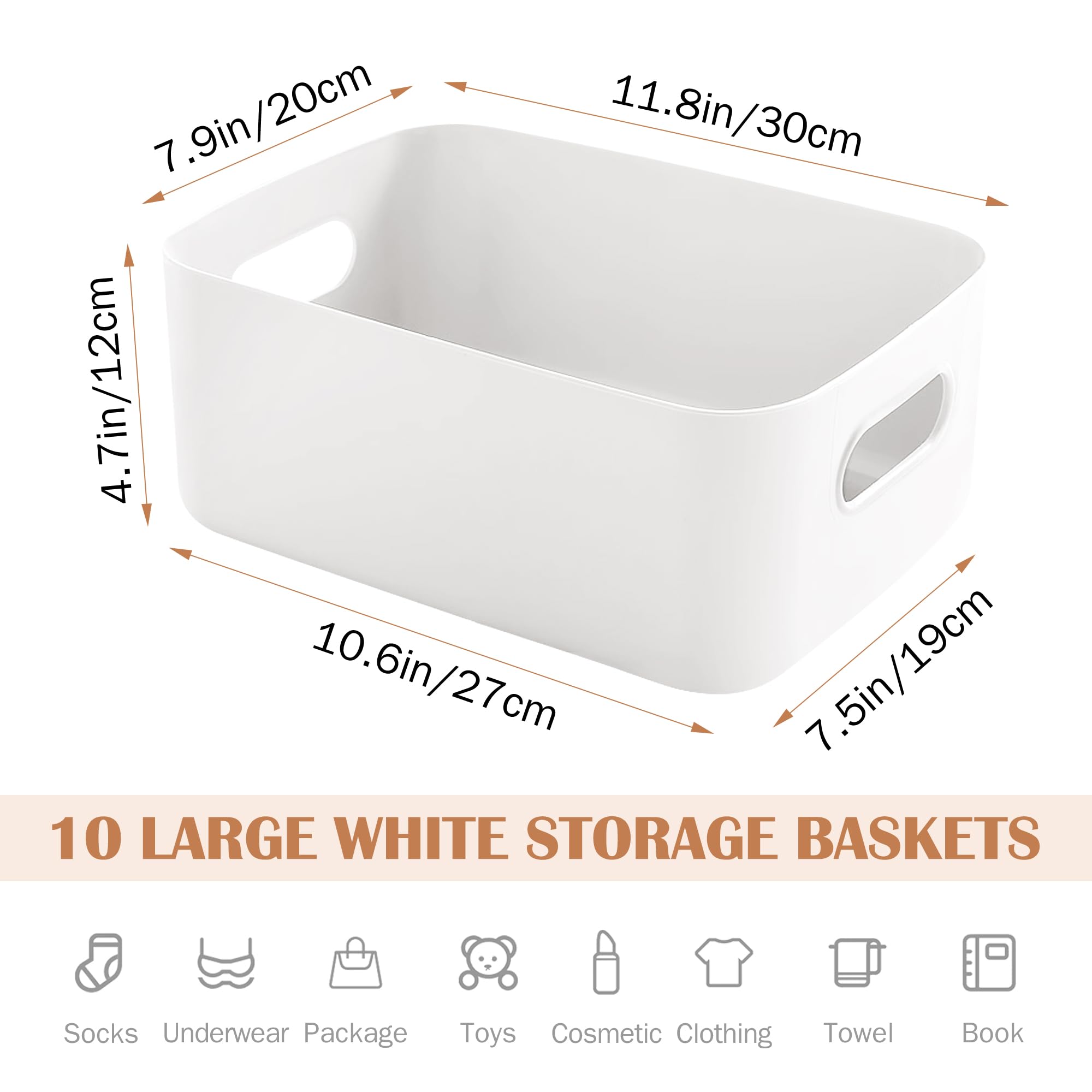 SHEPIN 10 Stück Aufbewahrungsbox Kunststoff Große Weiß 30x20x12cm, Aufbewahrungsboxen mit Griff, Boxen Aufbewahrung Badezimmer Organizer Box Küche Plastik Aufbewahrungskorb & Behälter(Weiß-30cm) 2