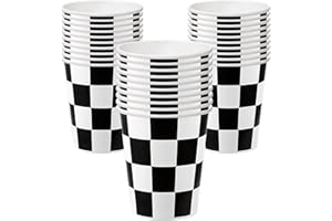 EaciTown 30 Pcs Racing Car Party Cups Checkered Paper Cups Black and White Checkered Flag Beverage Cups for Racing Themed Birthday Party, 9 OZ, Black/White