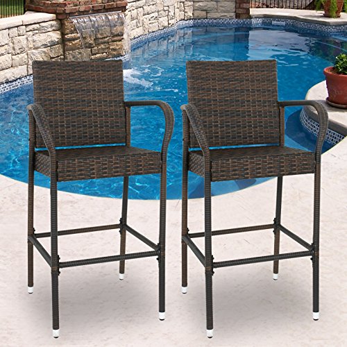 SUPER DEAL Wicker Bar Stool Outdoor Backyard Rattan Chair Patio Furniture Chair w/Iron Frame, Armrest and Footrest, Set of 2