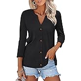 TICTICMISS Womens Button Down Shirts 3/4 Sleeve Tops Casual V Neck T Shirts Loose Fit Trendy Summer Tees Tunic 2026