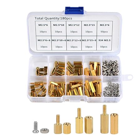 QLOUNI 180 Stück M2.5 Männlich Weiblich Hex Messing Abstandshalter Distanzhülse Schrauben Muttern Sortiert Kit