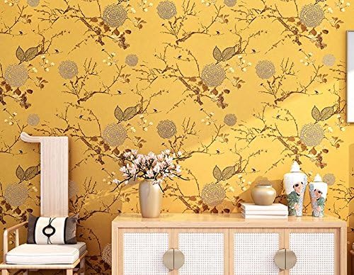 Poowef Wallpaper Modern New Chinese Style Wallpaper, Flower, Bird, Classical Non Woven Fabric Wallpaper, Wallpaper, Bedroom, Wall Paper, Living Room, Chinese Wind Yellow, 0.53 * 10M,Golden