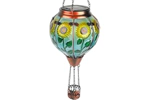 TEYIGARDEN Hot Air Balloon Solar Lantern, Glass Sunflower Solar Hot Air Balloon Lantern with Flickering Flame Lights, Hanging Outdoor Solar Lantern Garden Christmas Gift Decor