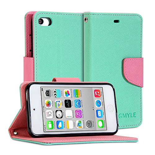 GMYLE iPod 5 Case, (R) Wallet Case Classic for Ipod Touch 5th Generation - Turquoise Blue and Pink Cross Pattern PU Leather Slim Magnetic Flip Stand Cover