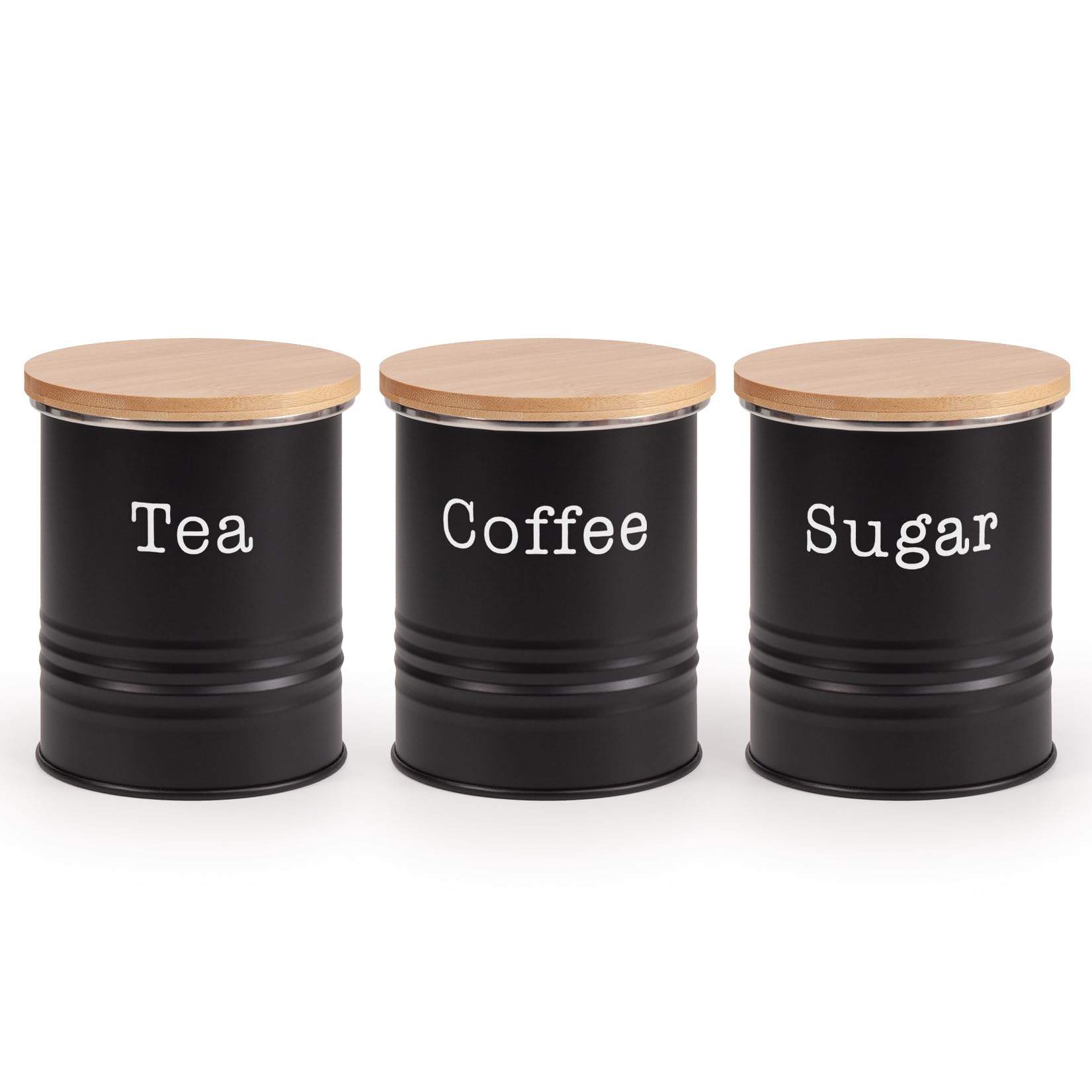 EHC Tea Sugar Coffee Canisters, Set of 3 Tea Sugar Coffee Containers Set, Storage Jars With lids Airtight, Black