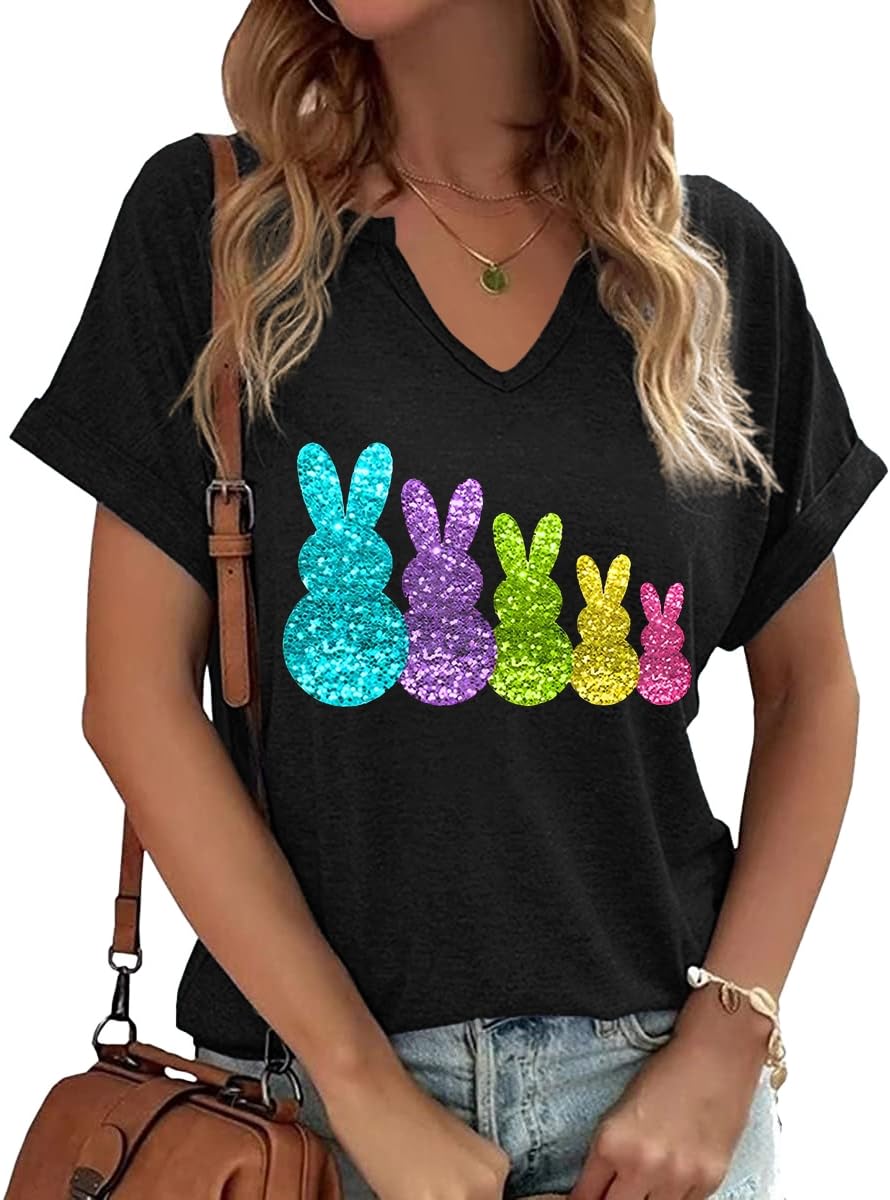 Photo 1 of ***DAMAGED - SEE NOTES/PICTURES*** Earlymemb Womens Glitter Bunny Squad V Neck Shirt Easter Day Funny Rabbit Graphic Tee Spring Holiday Family Matching Short Sleeve Tops(L,V-G-Black)