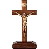 Wooden Walnut Finish Standing Catholic Crucifix Cross with Gold Toned Jesus Christ, 6 Inch