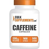 BulkSupplements.com Caffeine 200mg Capsules - Supplement for Energy Boost, Caffeine Pills 200mg - Gluten Free, 1 Capsule per Serving, 500 Count (Pack of 1)