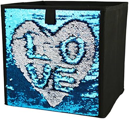 Two Tone Sequins Storage Bins Fabric Foldable Cube Organizer Drawer,12"X12"X12" (Blue-sliver)