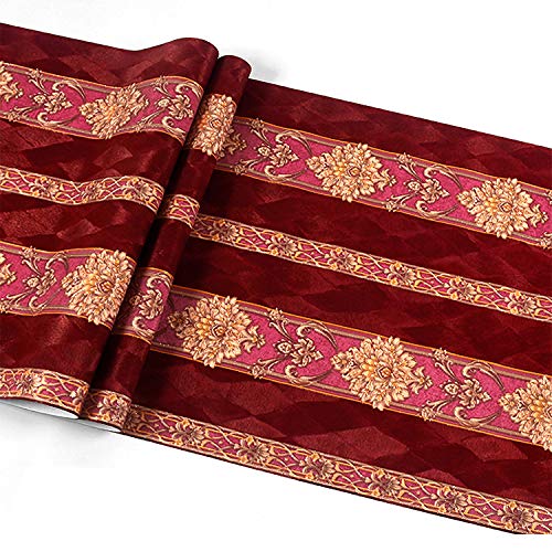 prior.choice 9.5X0.53M Retro AB Vintage Damask Stripes Waterproof Deep Embossed Textured PVC Wallpaper Roll for Bedroom Livingroom 1.73' W x 31.2' L=5.035㎡ (54sq.ft) (B Red Stripe)