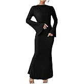 GORGLITTER Women's Bell Long Sleeve Cocktail Maxi Dress Crew Neck Bodycon Fishtail Casual Long Dresses