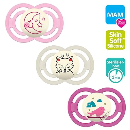 MAM Babyartikel Perfect Night Schnuller, leuchtend, 16 Mo+ // 3er Set // inkl. 3 Sterilisiertrasportboxen