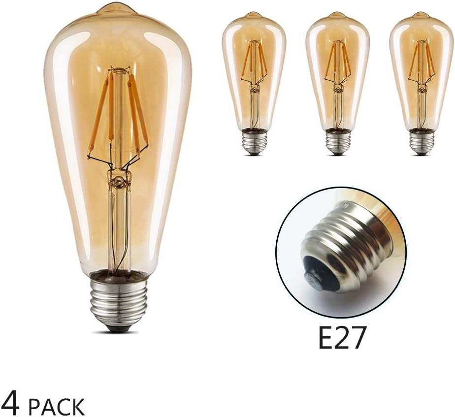 Edison Vintage Light Bulb LED – 4 W E27 Edison Light Bulb, 400lm, Warm White 3000 K Replaces 40 W Retro Lighting Model ST64 (Φ64 MM) – Pack of 4 Jdong ST64 – 4 [Energy Class A++]