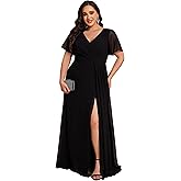 Ever-Pretty Plus Women's Plus Size Formal Dress V Neck Chiffon Ruffles Sleeves Long Bridesmaid Dresses with Side Slit