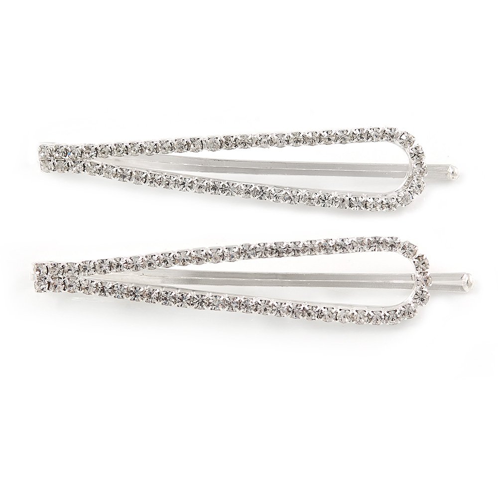 2 Bridal/Prom Clear Crystal Open Loop Hair Grips/Slides In Rhodium Plated Metal - 70mm L