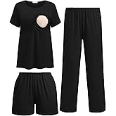 Ekouaer 3 Piece Postpartum Nursing Pajamas Set Short Sleeve Breastfeeding Shirts Pregnancy Shorts & Pants Maternity Pjs