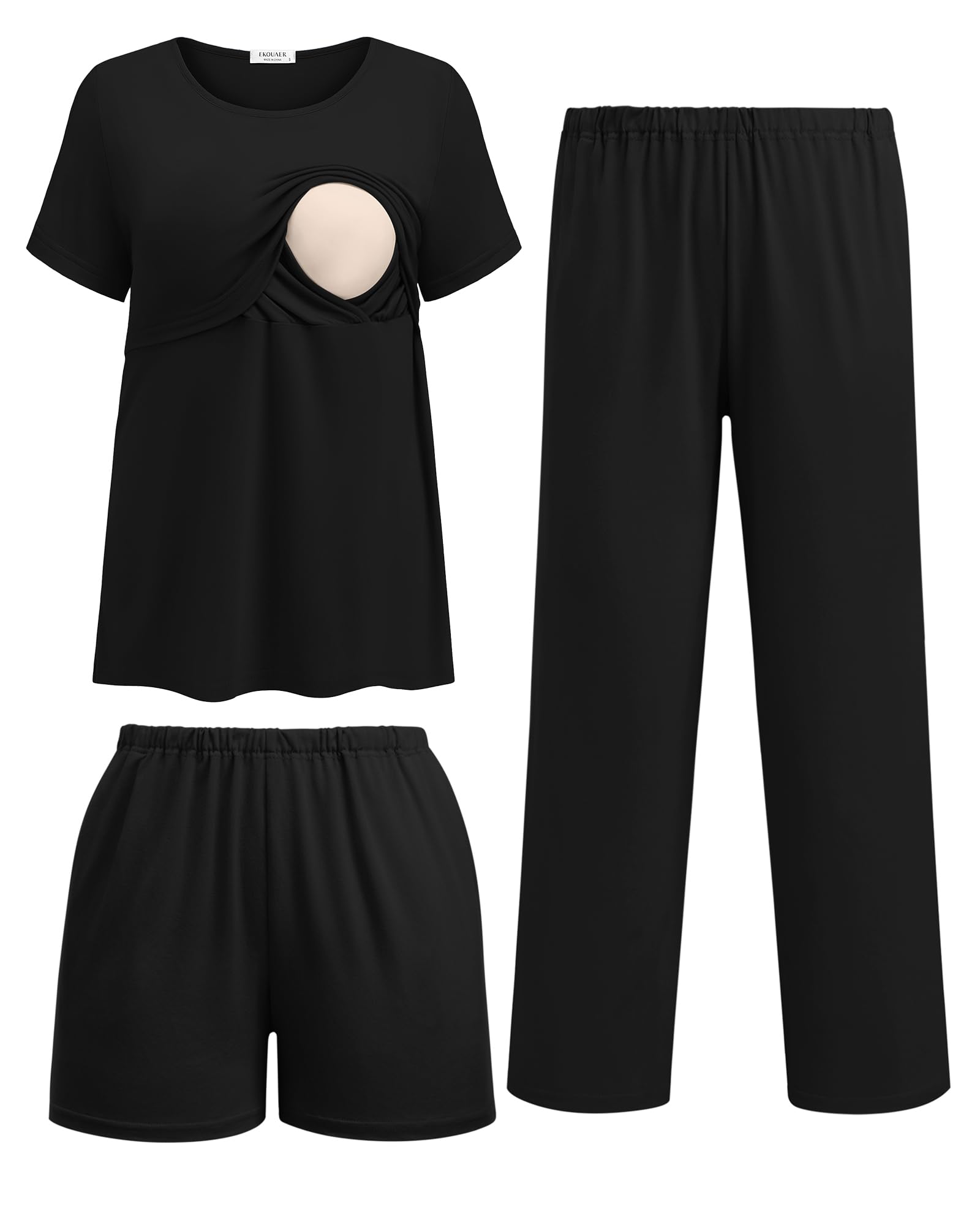 Photo 1 of Ekouaer 3 Piece Postpartum Nursing Pajamas Set Short Sleeve Breastfeeding Shirts Pregnancy Shorts & Pants Maternity Pjs Black XXL