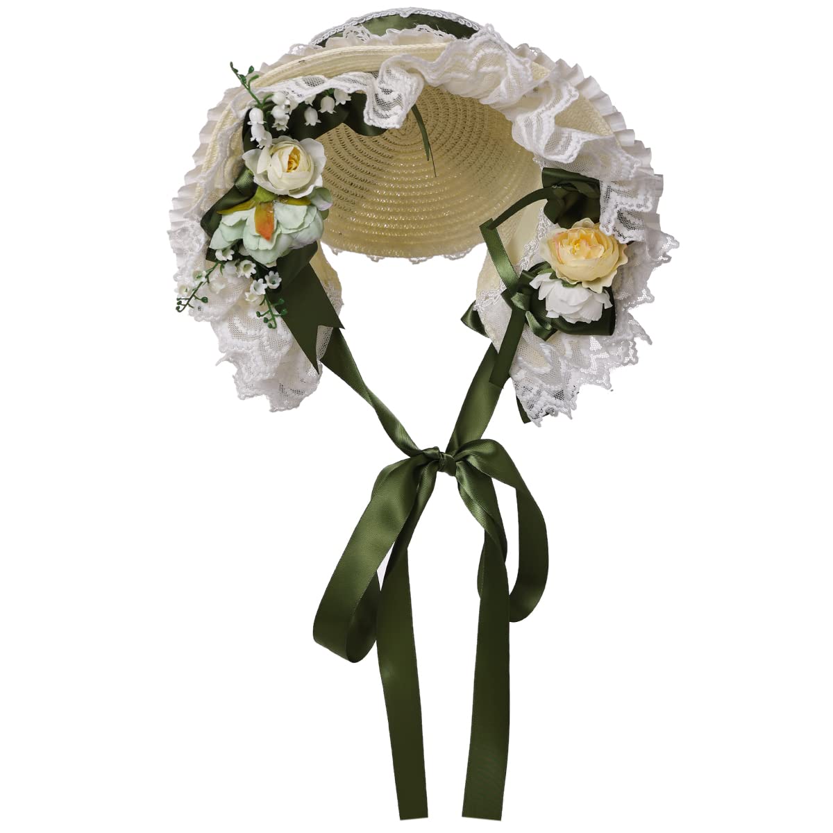 COSDREAMER Women Victorian Bonnets Lace Flowers Tea Party Hats (Green) — image 1
