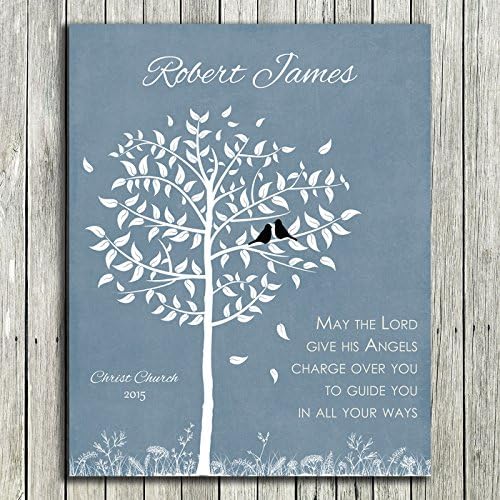 8X10 Framed Art Print - Custom Personalized Gift for First Communion Confirmation Christening for Boy Name and Date from Gift from Godparents for Godson Blue and White - With Solid Wood Frame & Gift Wrapping CWA-P1254