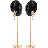Ear Shaped Piercing Stud Holder Earring Display Stand, Copper Round Base Silicone Body Mannequin Model Organizer, Navel Rack for Girl Women Shows Jewelry Birthday Wedding Decor (Left&Right, Black)