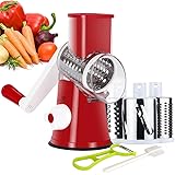 Ourokhome Manual Rotary Cheese Grater - Round Tumbling Box Shredder for Vegetable, Nuts, Potato with Peeler and Brush (Red)