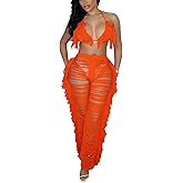 KANSOON Two Piece Sets for Women Sexy Crochet Outfits Halter Top Fringe Pants Summer Party Clubwear
