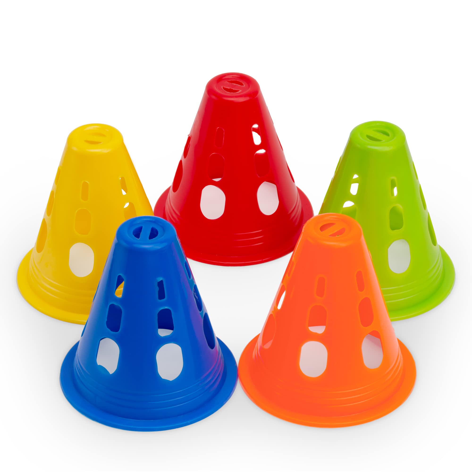 Famgee 3 Inch Plastic Windproof Slalom Cones Inline Roller Skating Cones Pile Cup Obstacle Roadblocks Traffic Road Cones Set for Skate Practice Soccer Sport Agility Training with Holes 5 Colors 20 Pcs