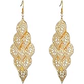 QIAN0813 Lightweight Colorful Chandelier Earrings Multi-Layer Filigree Leaf Feater Cluster Dangle Boho Earrings for Women