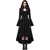 Women's Gothic Witch Hooded Dress, Lace Up Corset Halloween Costume | Gothic Medieval Dress With Lace-Up Corset, Bell Sleeves, and Flowing Maxi Design. Perfect for Halloween, Cosplay, and Parties