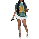 GORGLITTER Women's Crochet Y2K Jersey Shirts Tops Short Sleeve Number Print Crew Neck Loose Knitted Tops Summer Tees