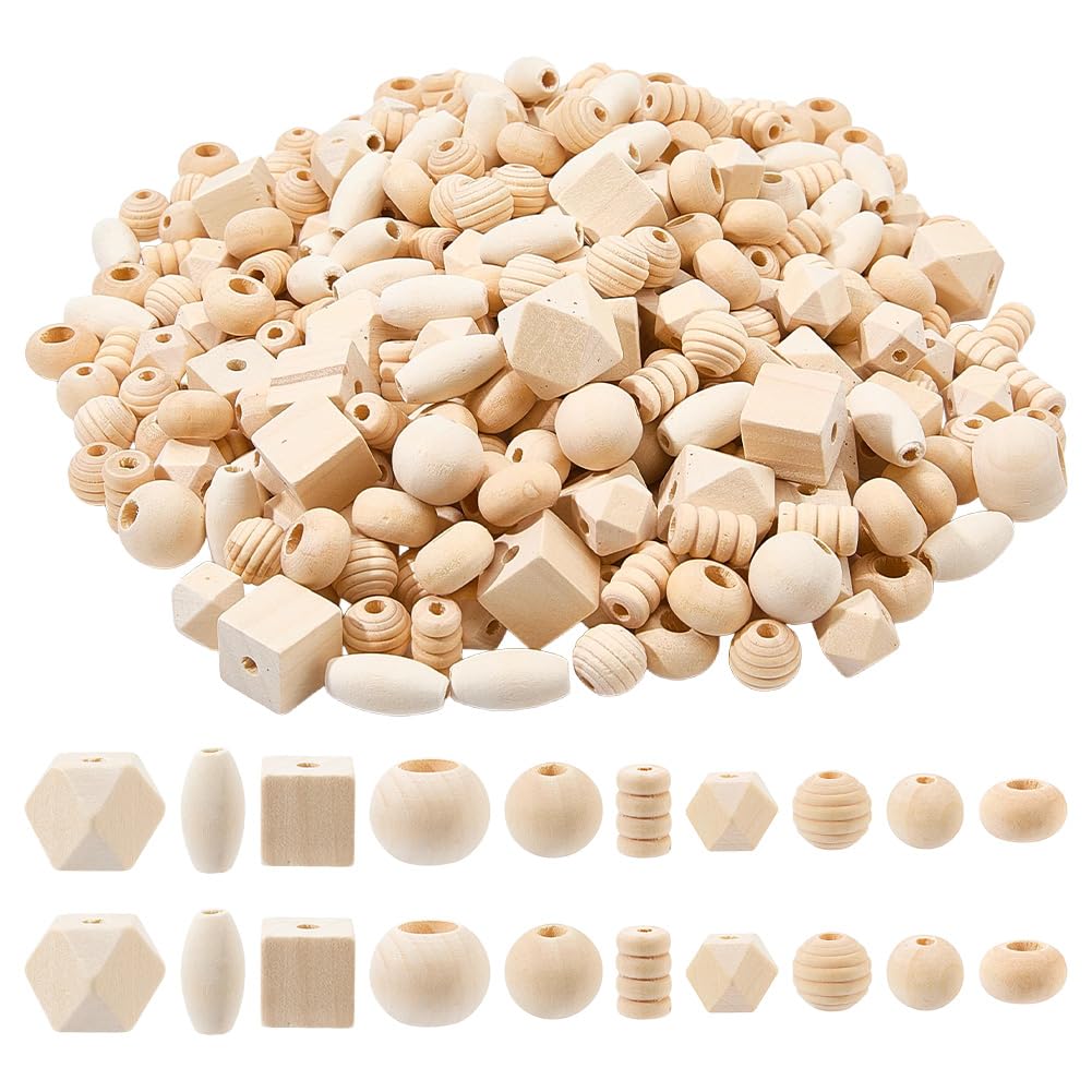 PandaHall 250g Assorted Natural Wooden Bead Round & Cube & Polygon & Rondelle & Oval & Column Spacer Beads Unfinished Wood Loose Beads for Bracelet Necklace Jewellery Making