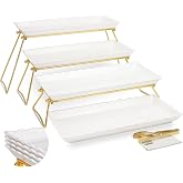 KAQAHIDO Extra Large 4 Tier Serving Tray Set, 34x22x10 inch Wave Edge Melamine Dessert Table Display Set, Tiered Trays Stand for Party Buffet Entertaining, Gold and White