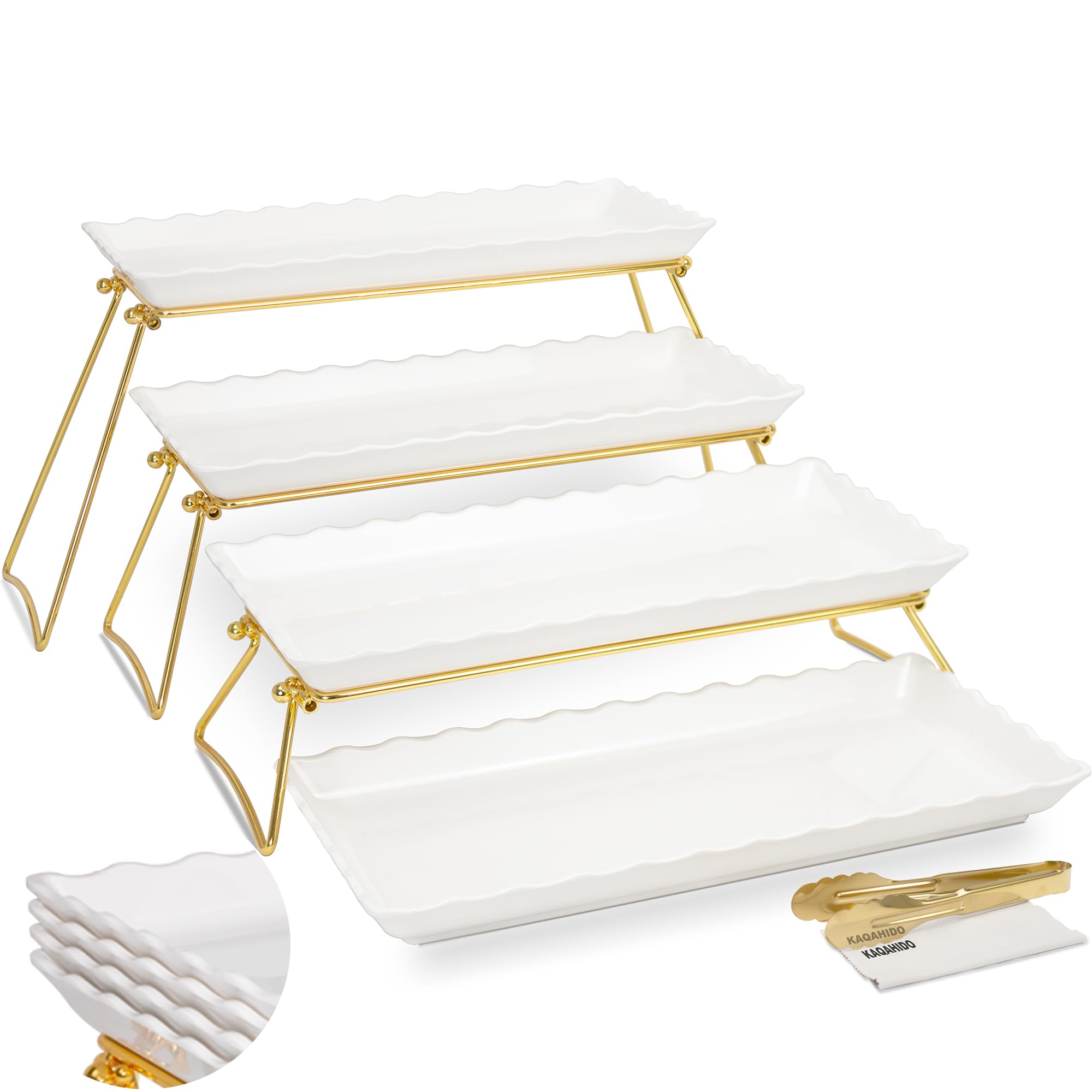 Photo 1 of KAQAHIDO Extra Large 4 Tier Serving Tray Set, 34x22x10 inch Wave Edge Melamine Dessert Table Display Set, Tiered Trays Stand for Party Buffet Entertaining, Gold and White