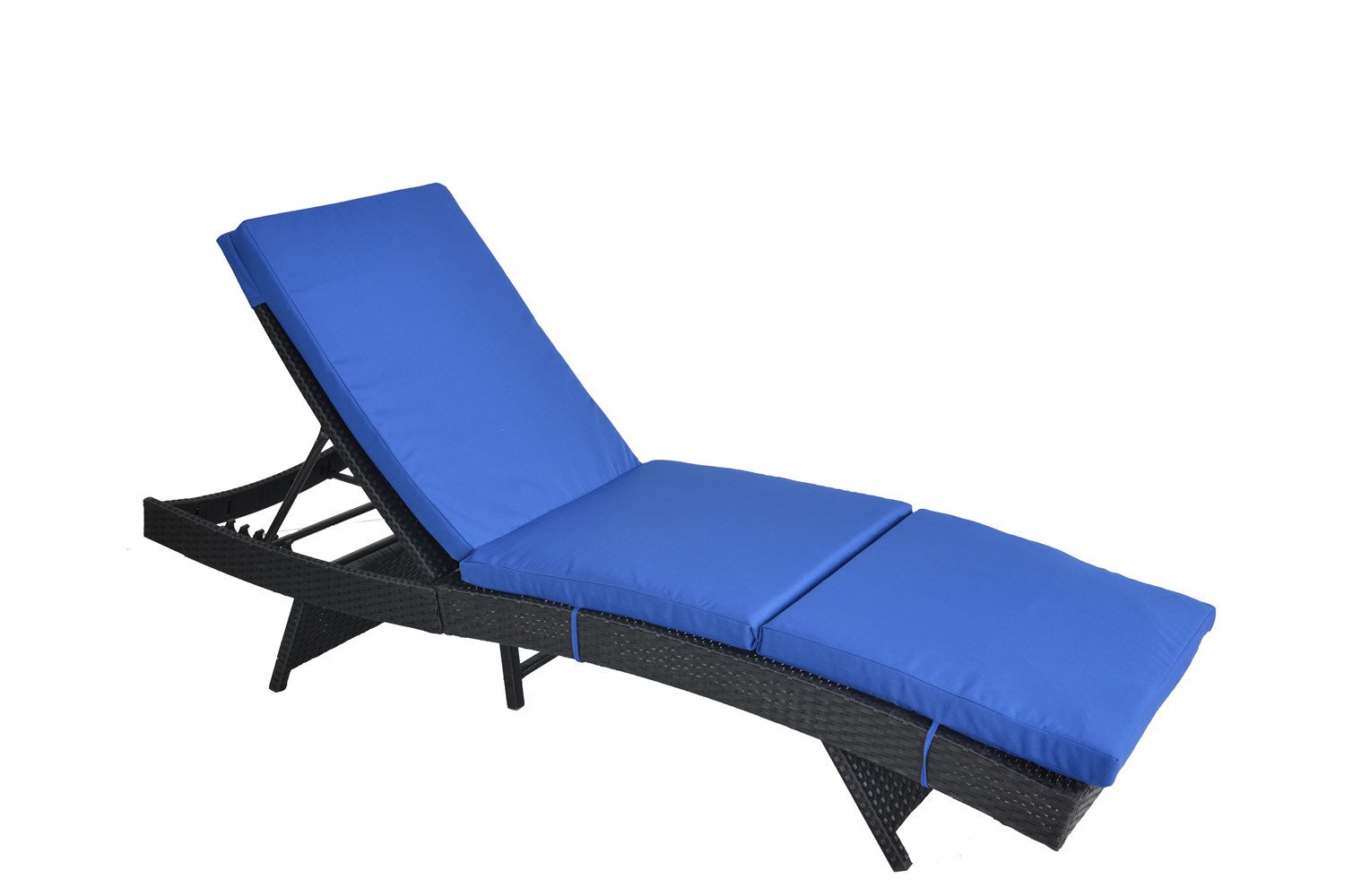 JETIME Patio Black Rattan Lounge Chair Outdoor Chaise Couch Furniture Adjustable Wicker Sunbed Garden with Cushion (Royal Blue)