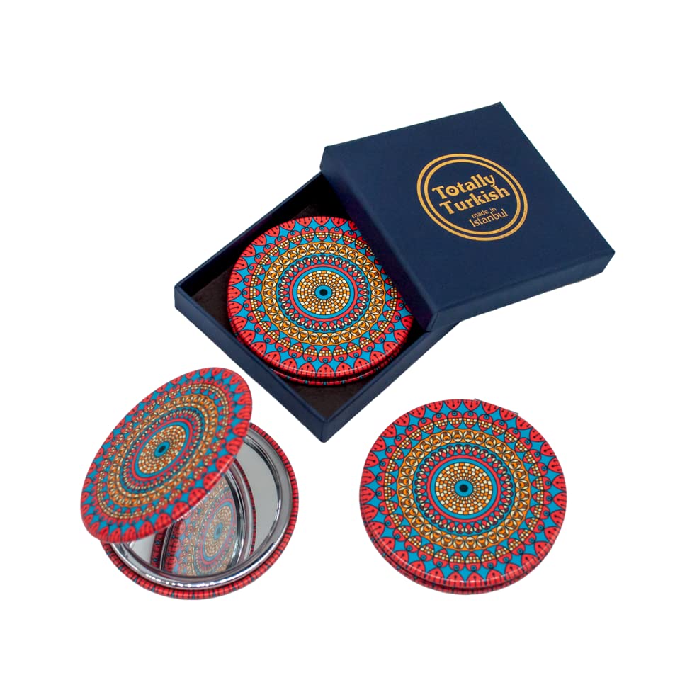 Totally Turkish Metal Compact Mirror – Small Folding Round Mirror With Magnetic Close – 1x & 2x Magnification – For Handbags, Make-Up, Travel & Commutes – Bright & Funky Geometric Pattern (Red Velvet)
