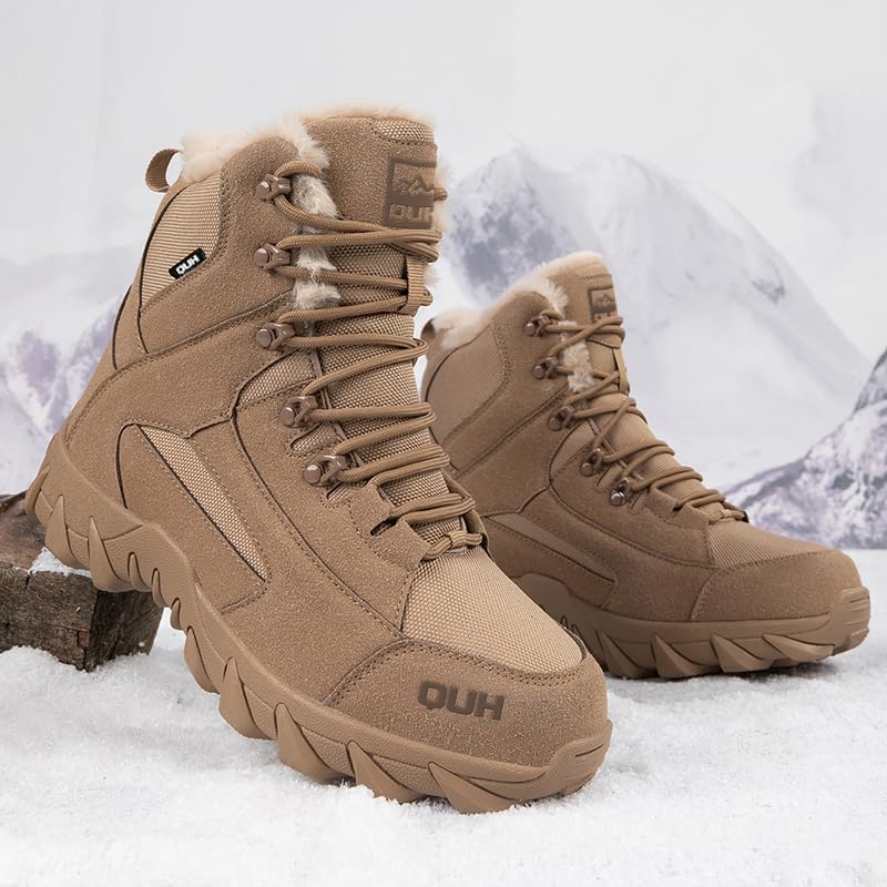 QUH Men's Waterproof Winter Snow Boots - Fur Lined, Anti-Slip Rubber Sole, Military Training Ankle Boots for Warmth & Traction
