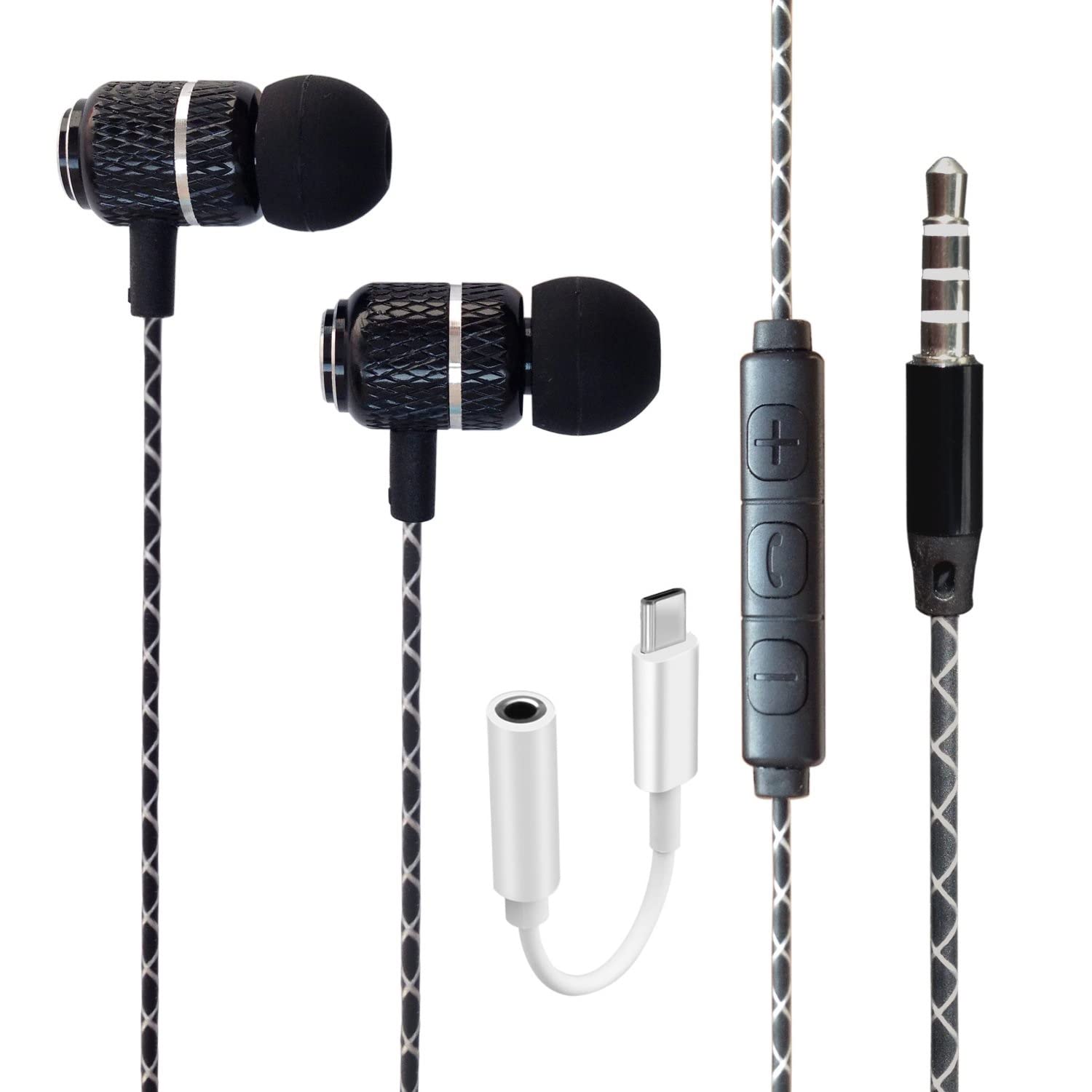 AMPLE GALAXY S24 FE/A36/A56/A26/S23/Z Flip 4/Z Fold 4/A34/A54/S22/S22 Plus Ultra/S21 FE/A90 5G Earphone - Wired Bass Stereo In-ear Headphone (USB C To 3.5mm Jack Included) Headset Earbuds (BLACK)