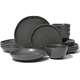 Trasa Home Stoneware Dinnerware Set, 16 Piece, 4 Place Settings, Made in Portugal, Charcoal